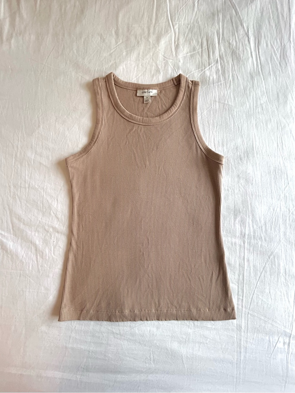 ON•34th Ribbed Beige Sleeveless High Neck Top